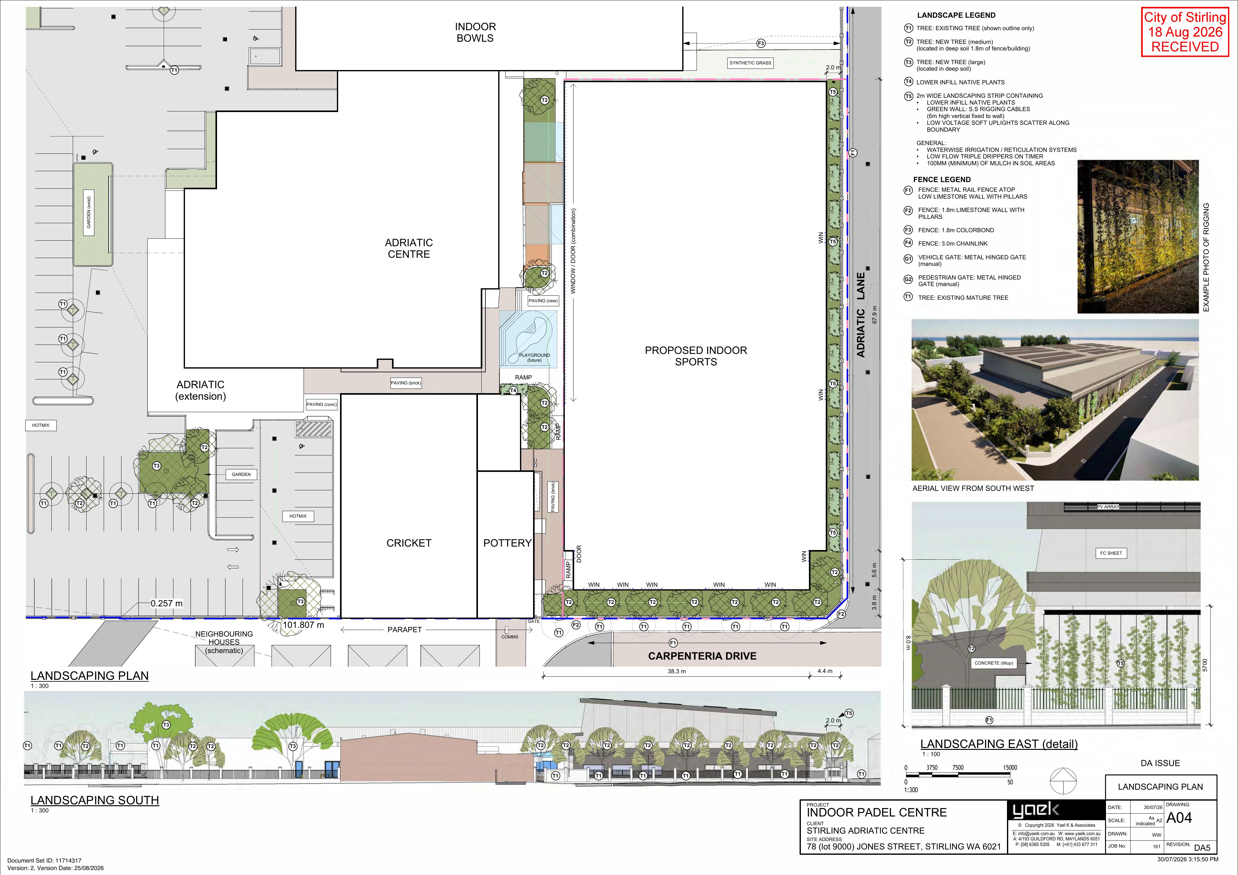 Applicant landscaping plan showing the proposed building, planting strip and green wall rigging