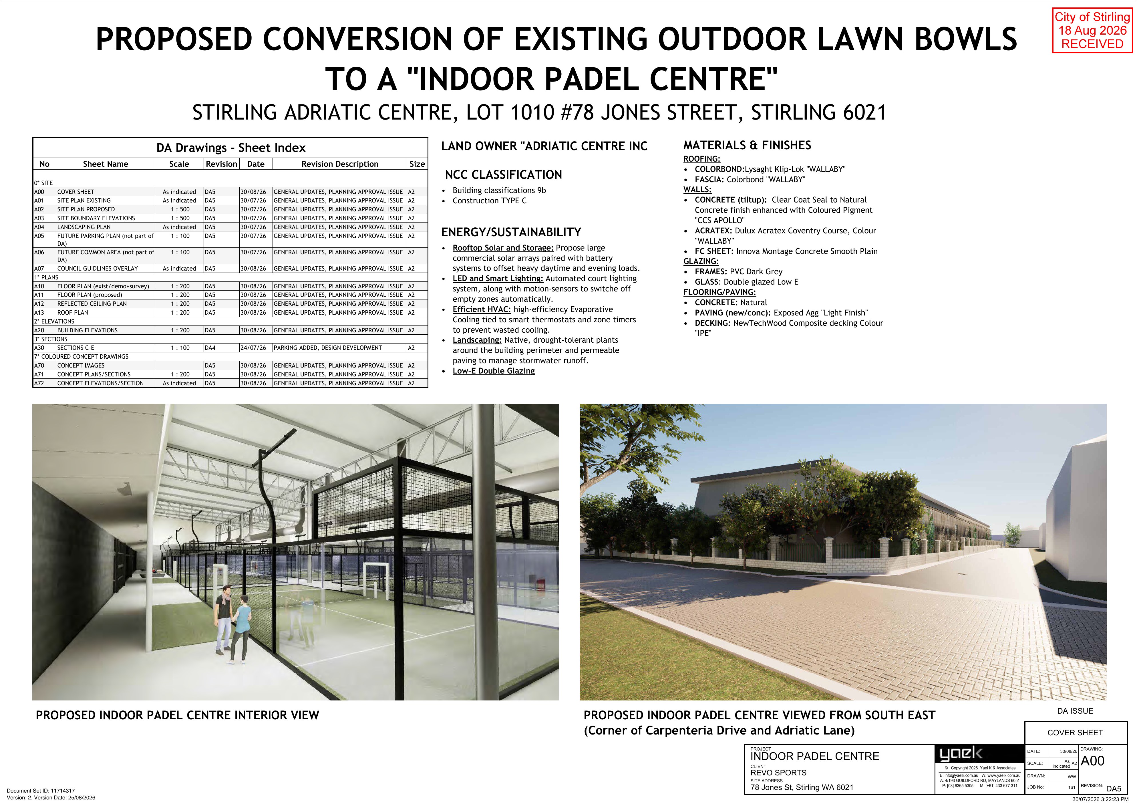 Applicant cover sheet showing the proposed indoor padel centre and an exterior concept image